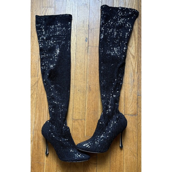 Manolo Blahnik Sequined Pascalare Over the Knee Boots Black Women Size 36